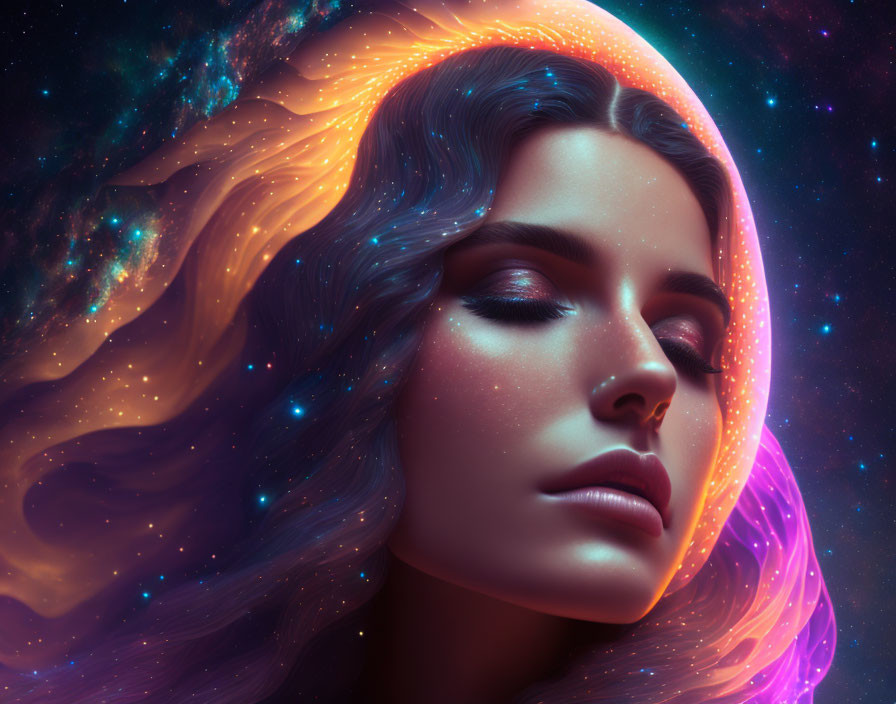 Digital artwork featuring woman blending into cosmic background