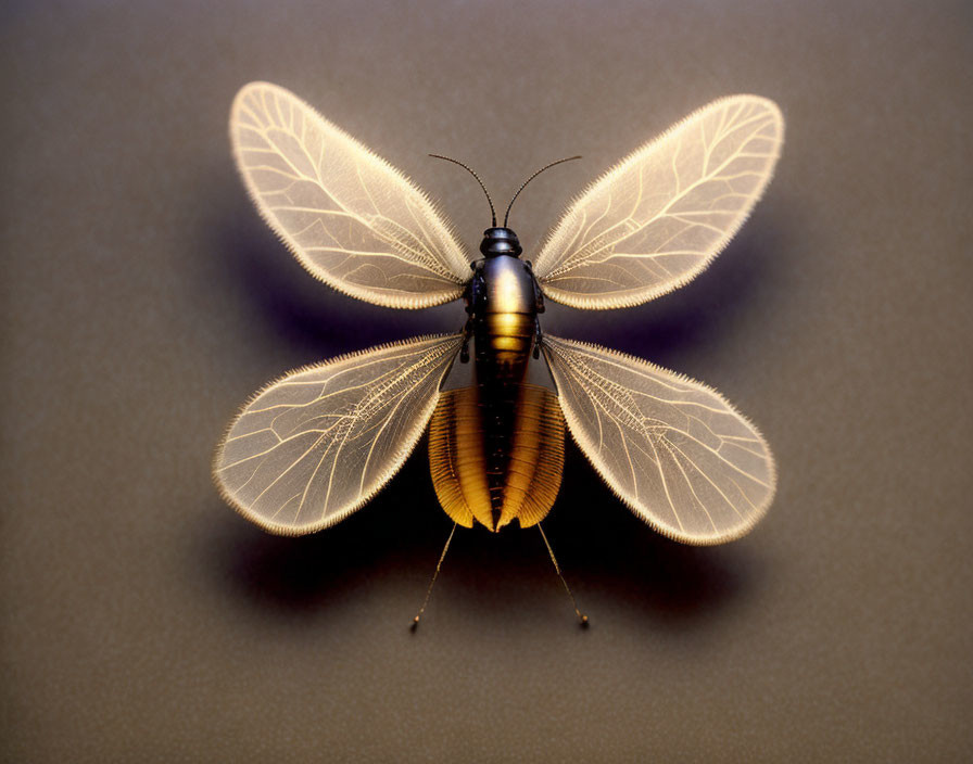 Detailed Mechanical Insect with Transparent Wings on Dark Background