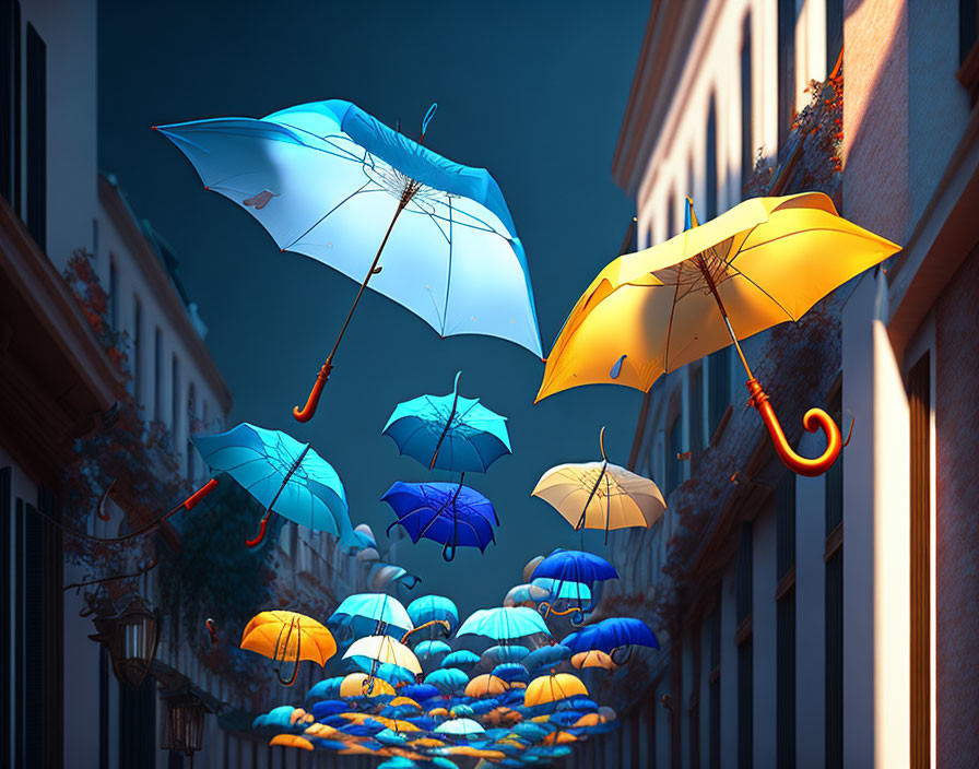Vibrant umbrellas over narrow street in blue and yellow hues