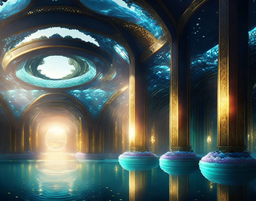 Ethereal underwater scene with ornate pillars, swirling portal, and glowing orbs.