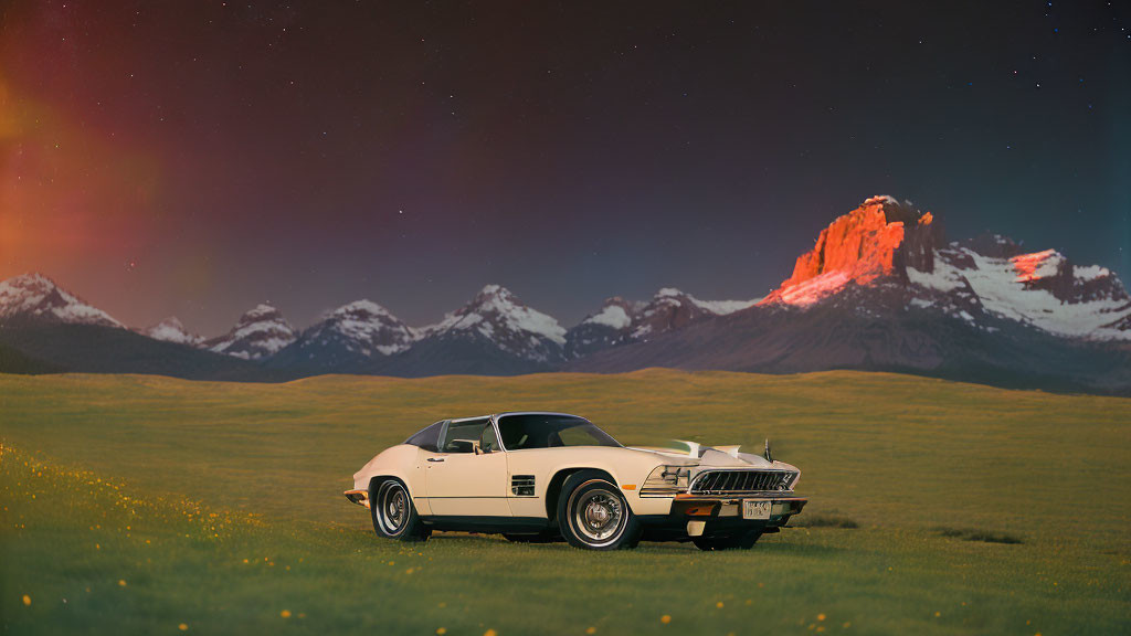 Classic Car on Grass with Mountain and Twilight Sky