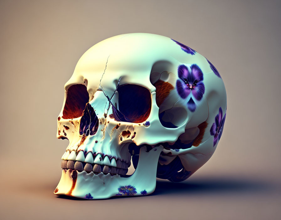 Digitally-rendered human skull with glossy finish and floral patterns