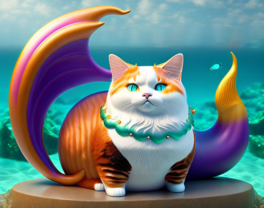 Colorful whimsical cat with blue eyes and mermaid tail in underwater scene