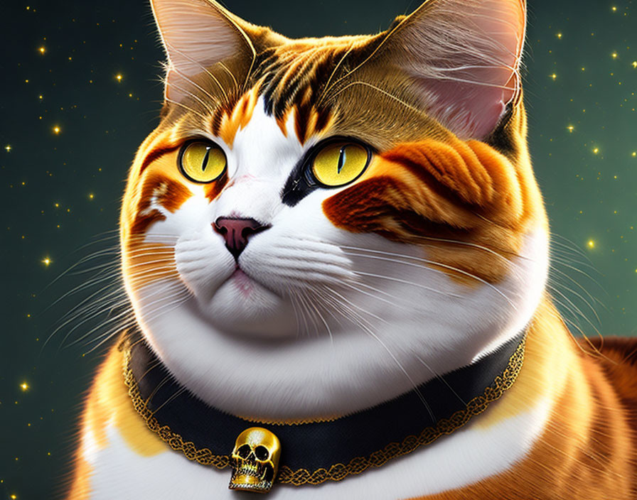 Digital artwork featuring cat with yellow eyes, orange and white fur, skull pendant collar, starry backdrop