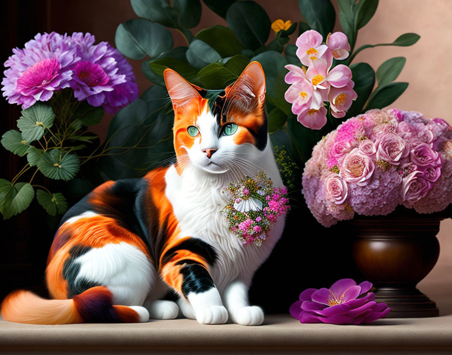 Calico Cat with Floral Necklace Surrounded by Pink Orchids and Hydrangeas