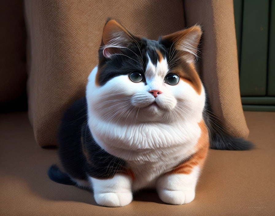 Tricolor Cat with Blue Eyes on Brown Surface