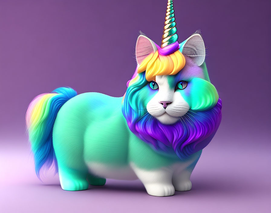 Colorful 3D Cat with Unicorn Horn and Rainbow Mane on Purple Background