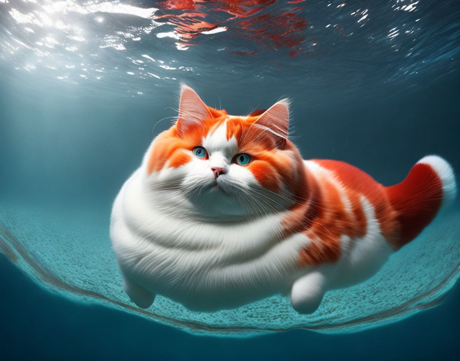 Orange and White Cat with Blue Eyes Swimming Underwater