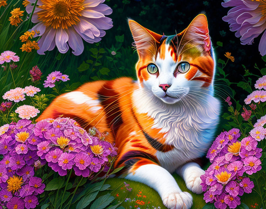 Colorful Cat Illustration Surrounded by Purple Flowers