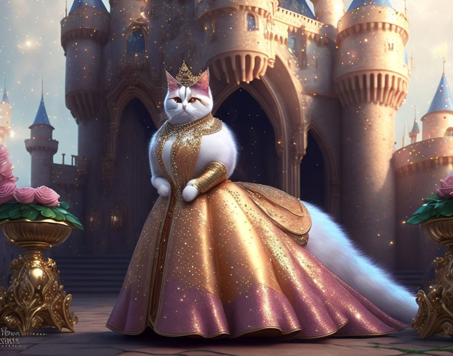 Regal cat in golden crown and gown at fantasy castle