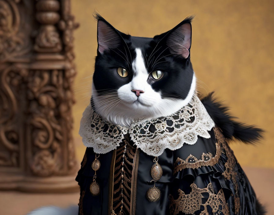 Black and white cat in period costume with lace collar on mustard yellow background