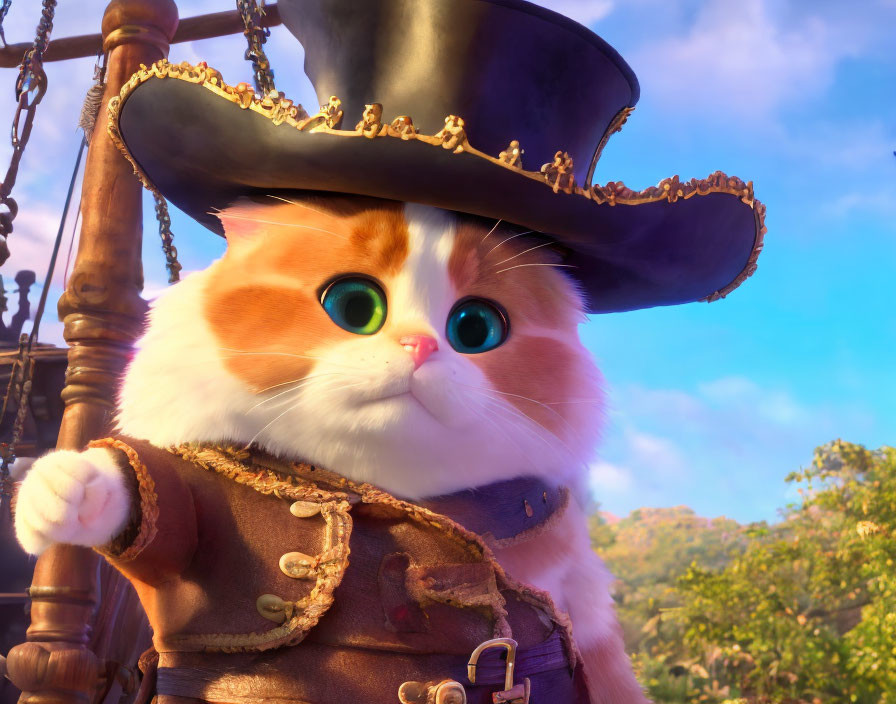 Orange and White Cat in Pirate Hat and Jacket Under Sunlight