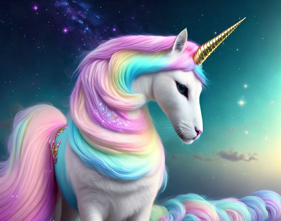 Colorful Unicorn with Rainbow Mane in Starry Sky