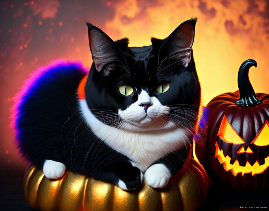 Black and white cat with glowing pumpkin on gold surface against fiery backdrop