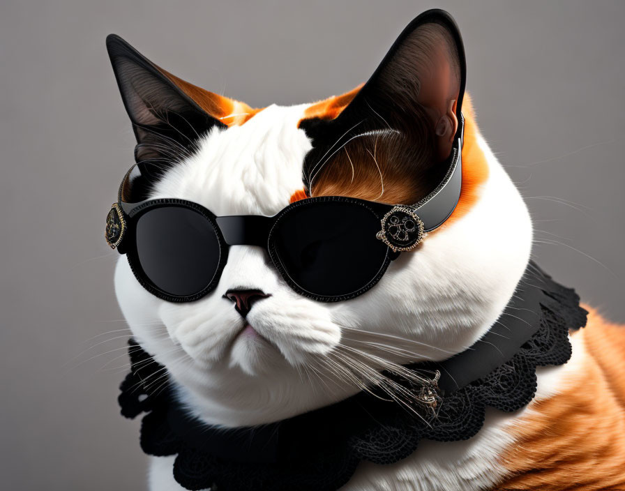 Calico Cat Wearing Sunglasses and Lace Collar on Grey Background