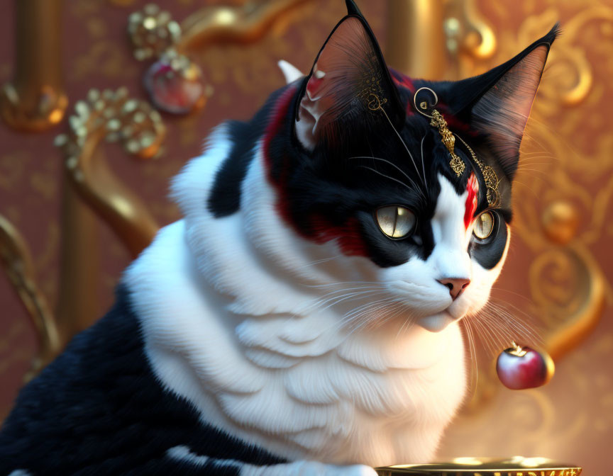 Regal black and white cat with gold-trimmed headpiece and ruby centerpiece