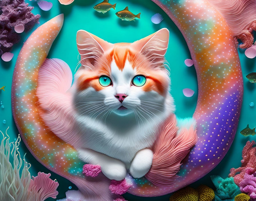 Whimsical orange and white cat in vibrant underwater scene