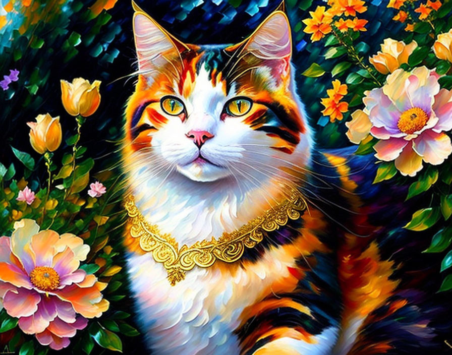 Colorful regal cat portrait with golden necklace in vibrant floral setting