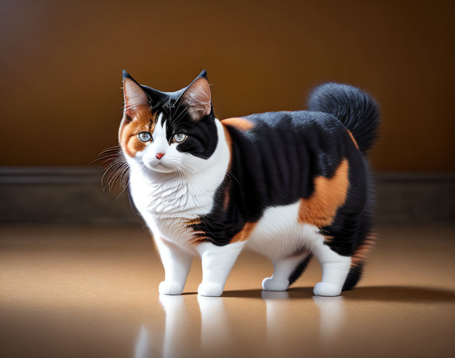 Striking Calico Cat with Blue Eyes and White Paws on Wooden Floor