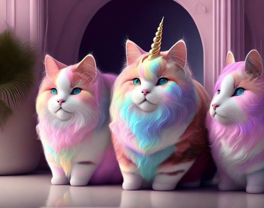 Colorful Fantasy Cats with Unicorn Horn in Front of Arched Windows