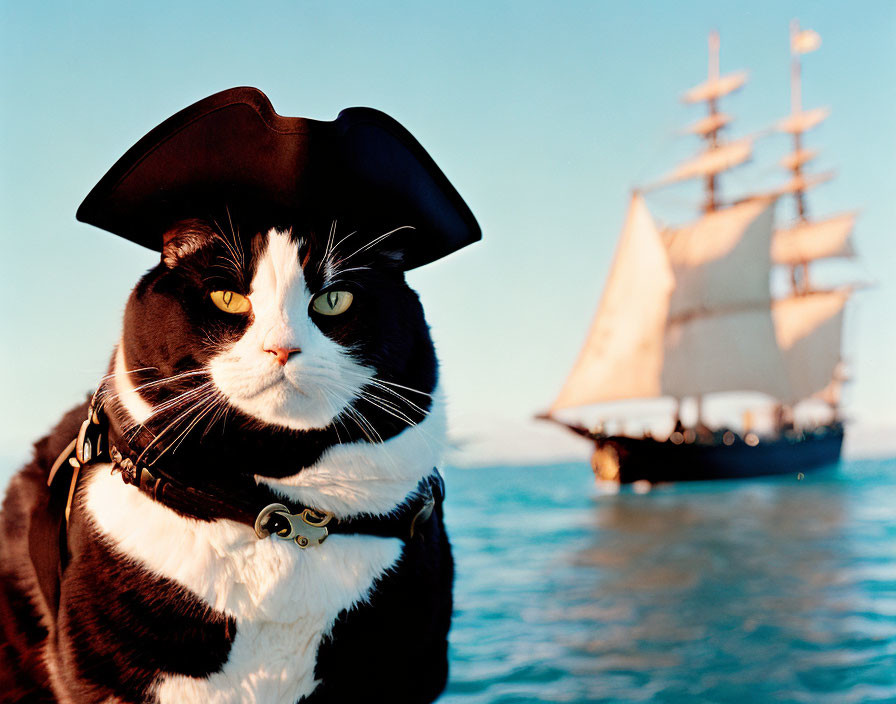 Cat in pirate costume with ship backdrop.