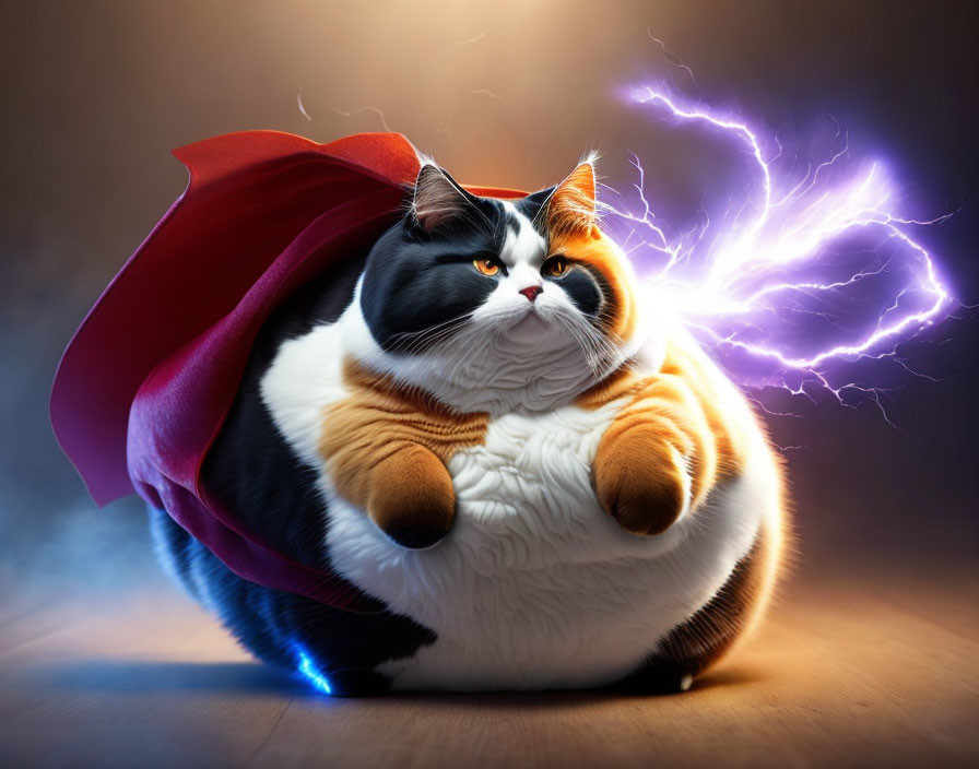 Majestic cat with cape under dramatic lightning