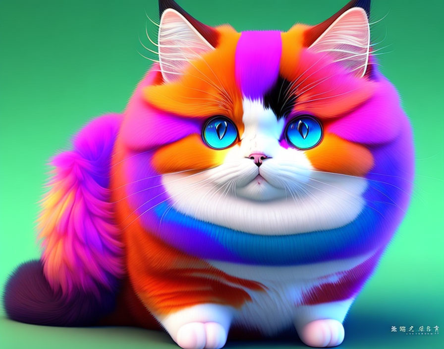 Vibrant animated cat with blue eyes and multicolored coat