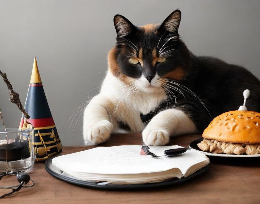 Calico cat with open notebook, pen, incense burner, and hamburger at table