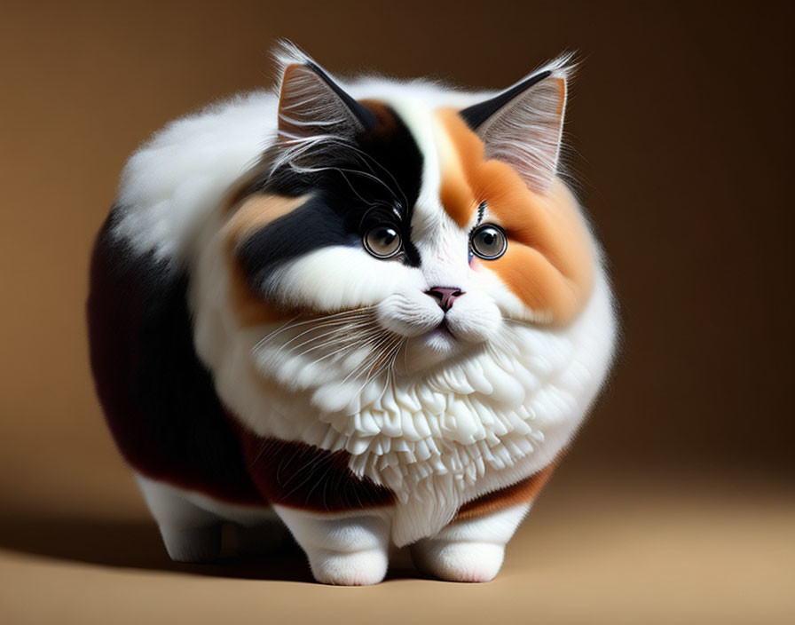 Fluffy Tricolor Cat with Round Eyes on Beige Background