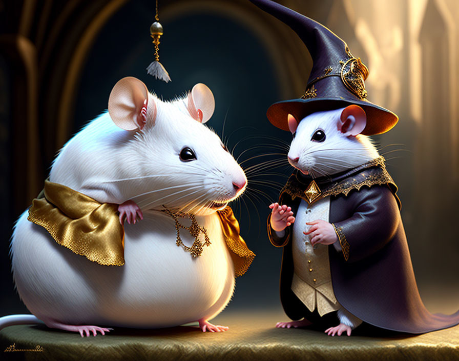 Anthropomorphic mice in wizard and fancy attire in fantasy scene