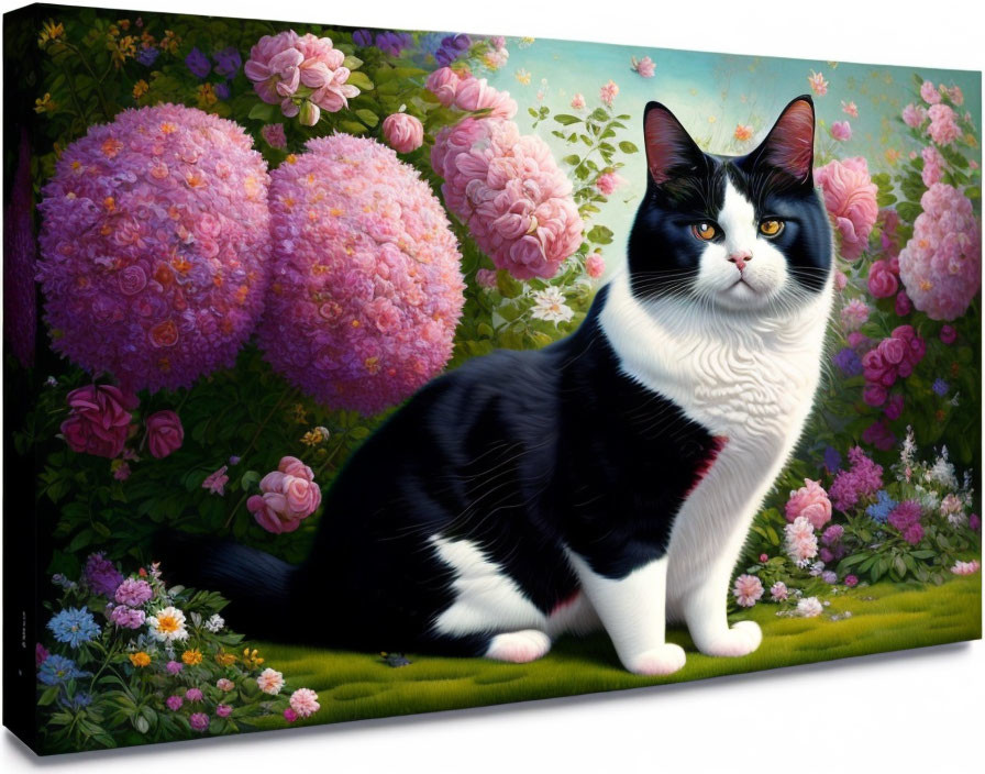 Vibrant painting of black and white cat in lush garden with pink and purple flowers