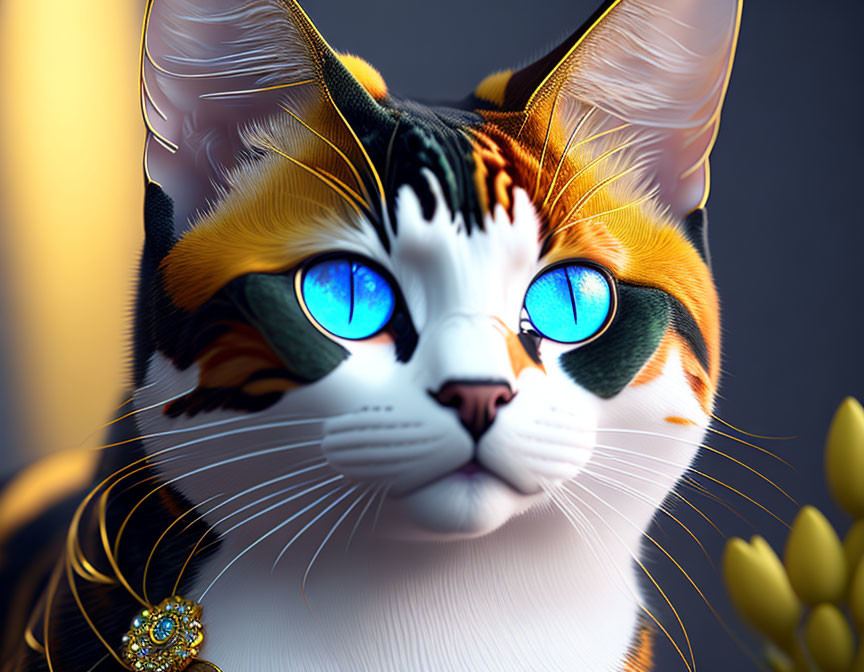 Detailed 3D rendering of orange, black, and white cat with blue eyes and gold accessory