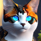 Detailed 3D rendering of orange, black, and white cat with blue eyes and gold accessory