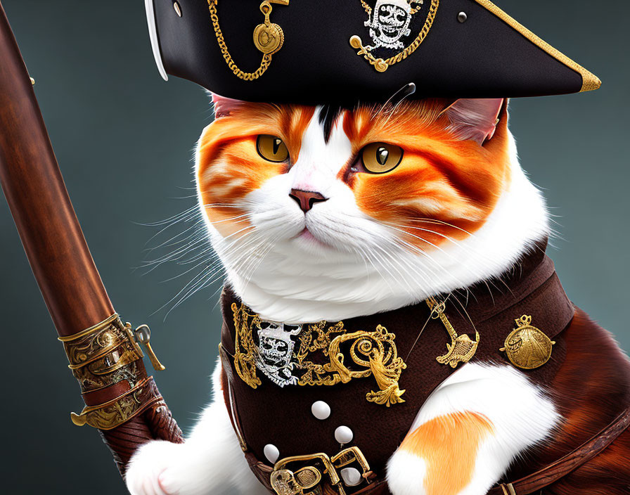 Orange and White Cat in Pirate Costume with Sword on Grey Background