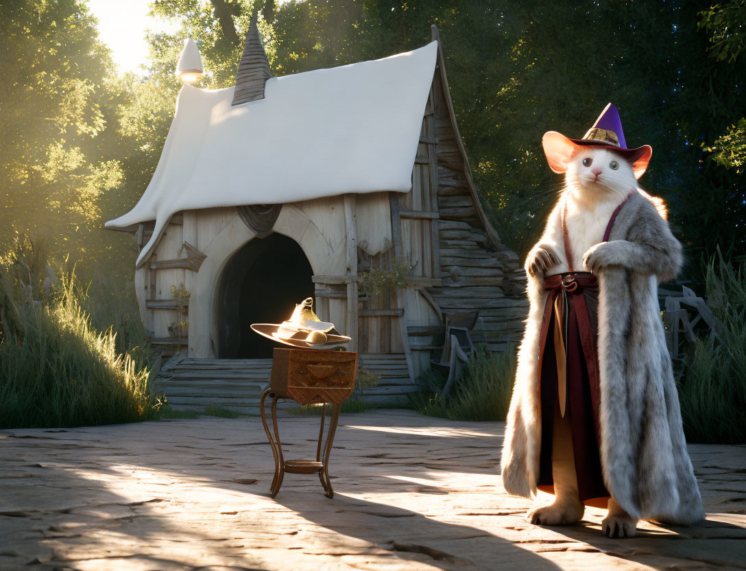 Anthropomorphic cat in wizard attire by cauldron near thatch-roofed cottage