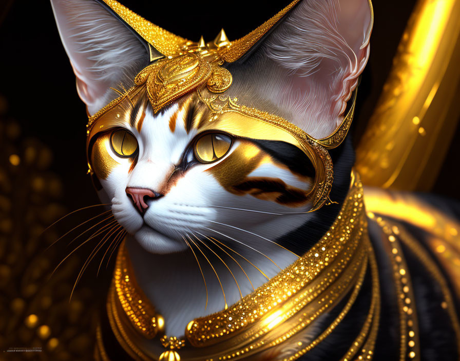 Digital Artwork: Cat with Golden Eyes in Egyptian-Inspired Jewelry