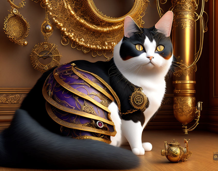 Regal black and white cat in gold and purple armor against luxe backdrop