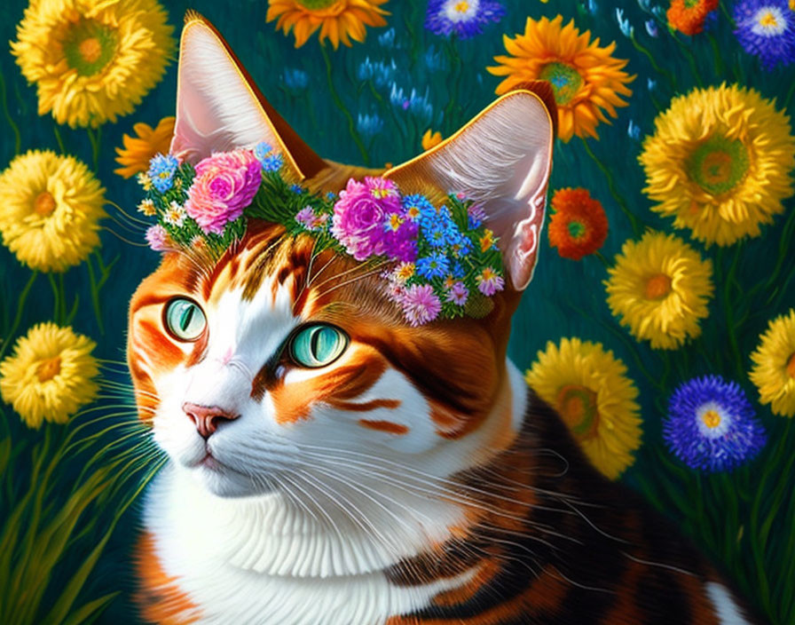 Colorful Illustration of Orange and White Cat with Flower Crown in Vibrant Nature Setting