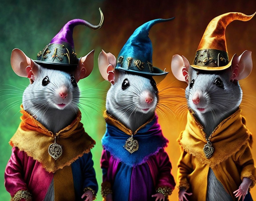 Colorful Wizard-Like Mice in Pointy Hats on Dark Background