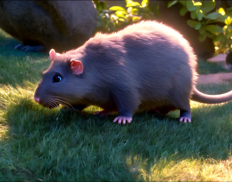 Realistic 3D-rendered rat on grass under warm sunlight