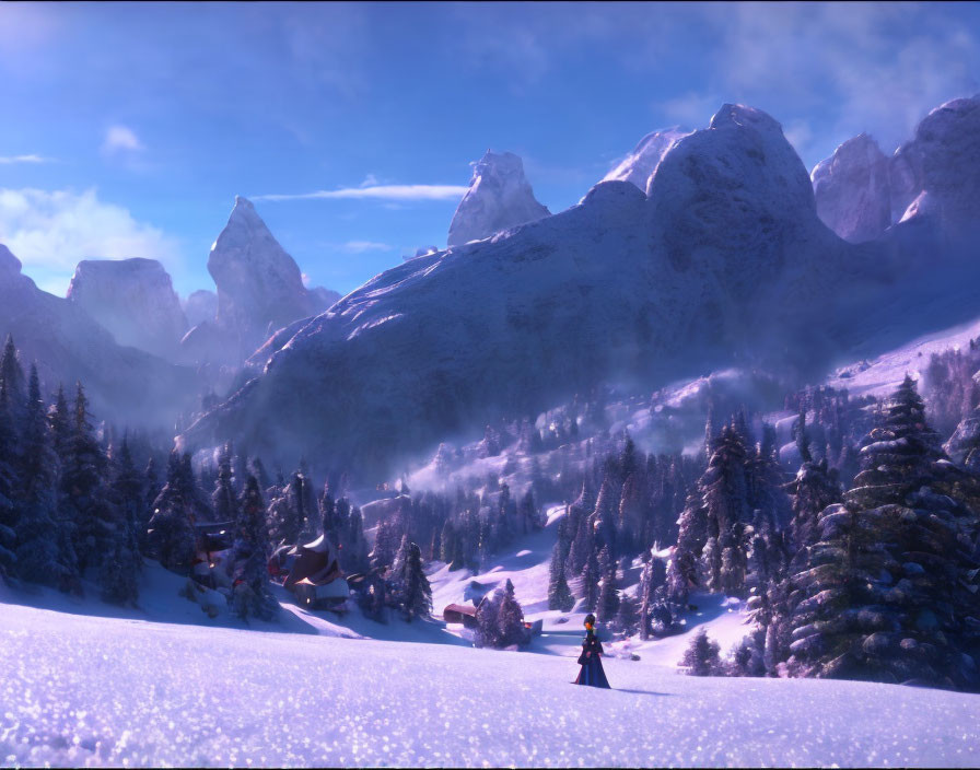 Snowy Landscape with Mountains and Village in Background
