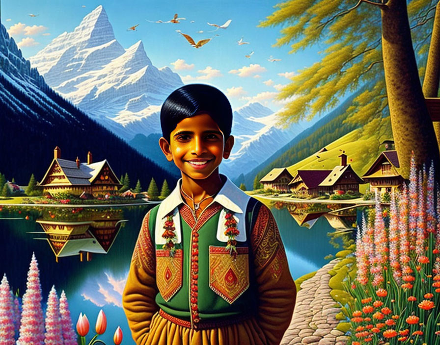Digitally altered image of child with oversized smiling head in traditional attire against scenic landscape