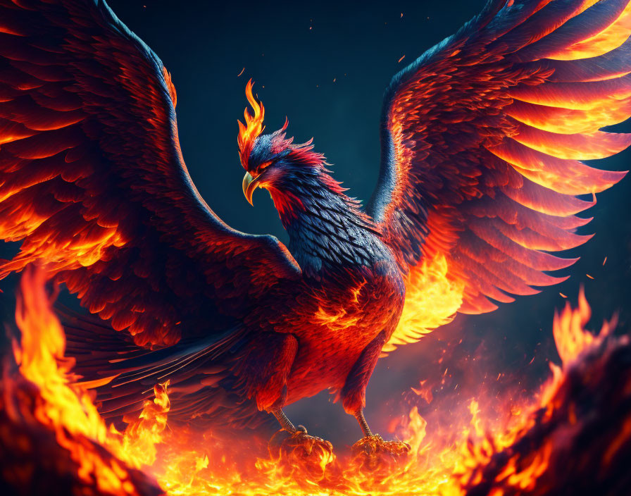 Majestic Phoenix with Fiery Wings Surrounded by Flames