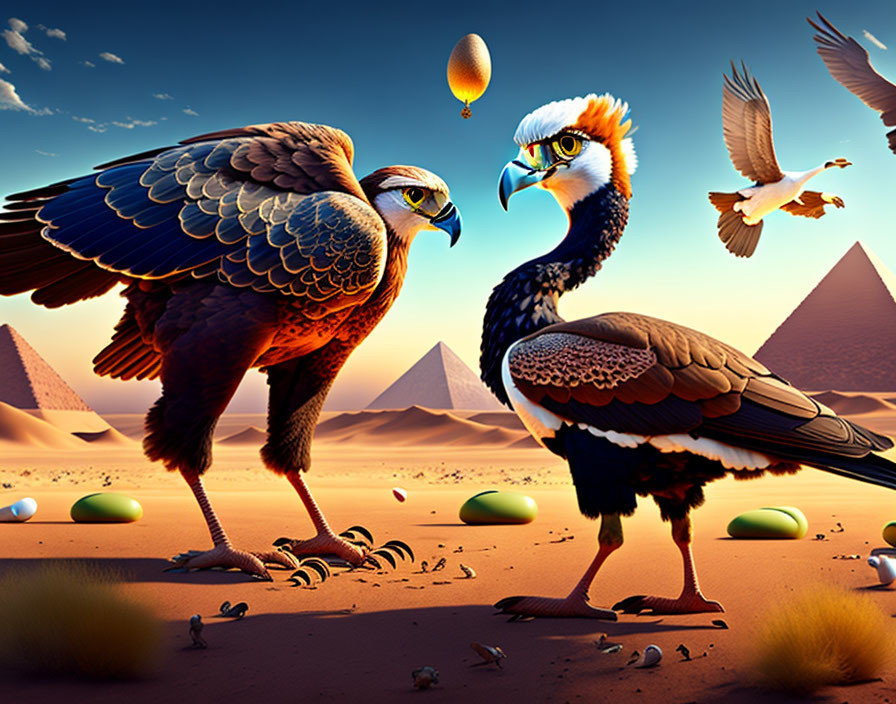 Stylized animated eagles in desert with pyramids and balloon in clear sky