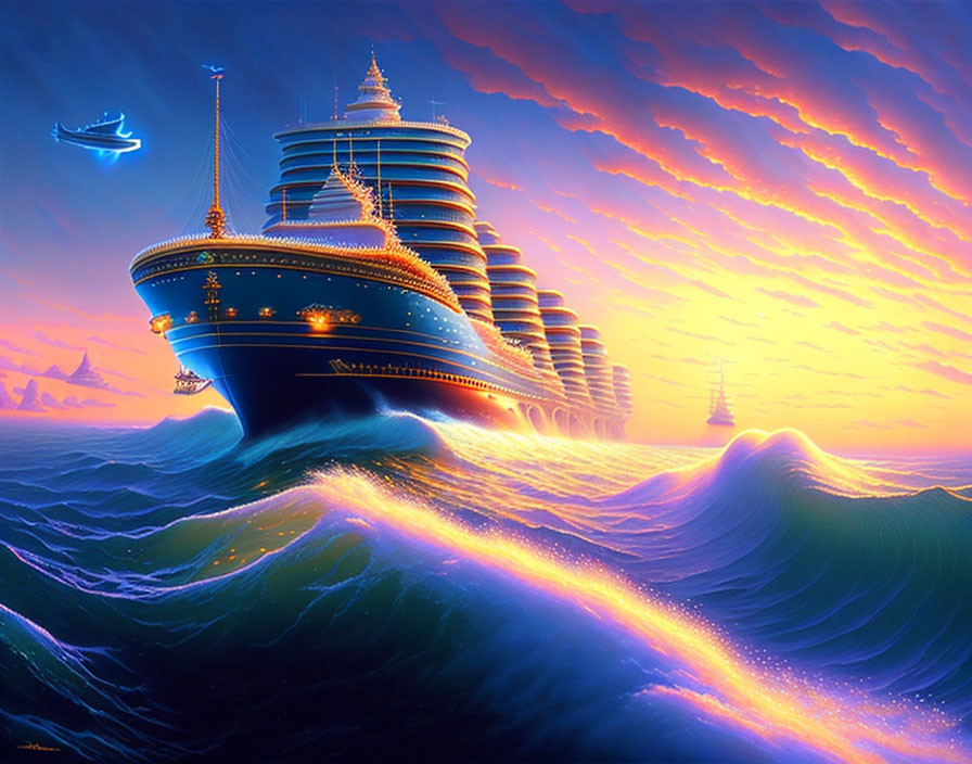 Fantastical ship with tiered decks sailing on luminescent waves at sunset