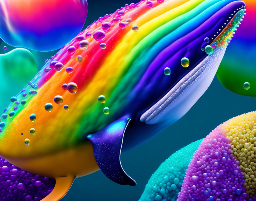 Colorful Rainbow Whale Surrounded by Spheres on Dark Blue Background