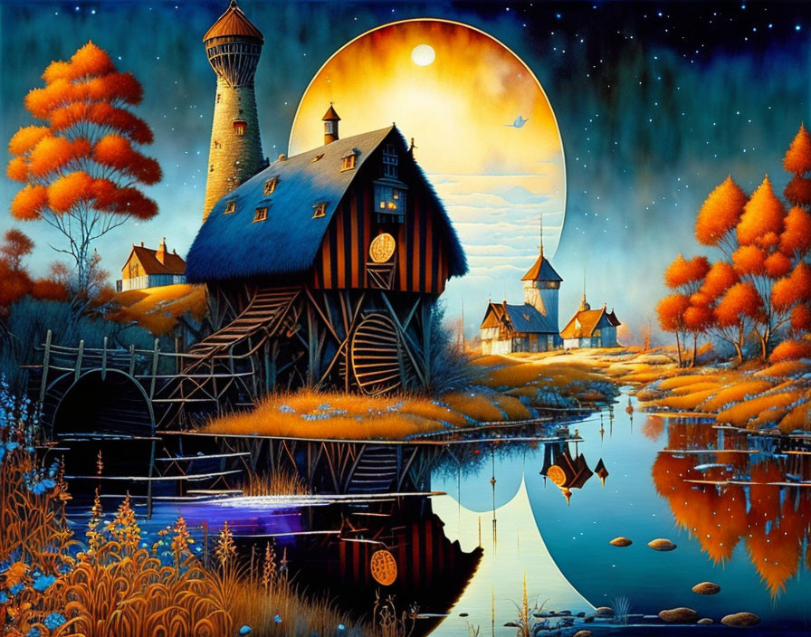 Whimsical fantasy landscape with house, windmills, full moon, and river