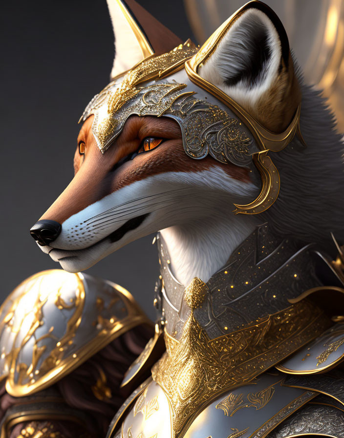 Golden-armored anthropomorphic fox in profile on gray background