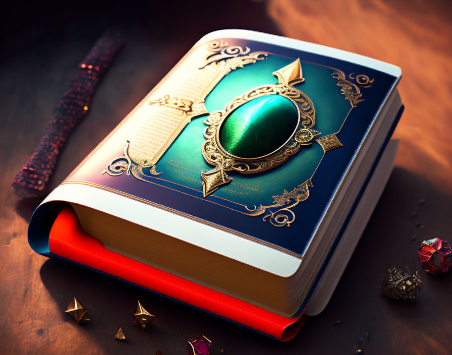 Ornate Book with Green Gemstone Cover on Wooden Surface