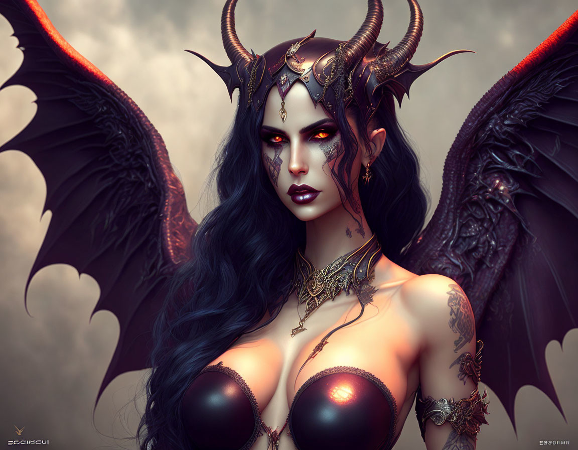 Digital artwork of female fantasy character with horns, wings, dark gothic appearance, tattoos, and jewelry